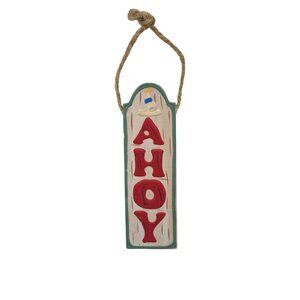 Nautical Wooden "Ahoy" Sign With Rope Hanger Christmas Ornament Miniature 6.5"